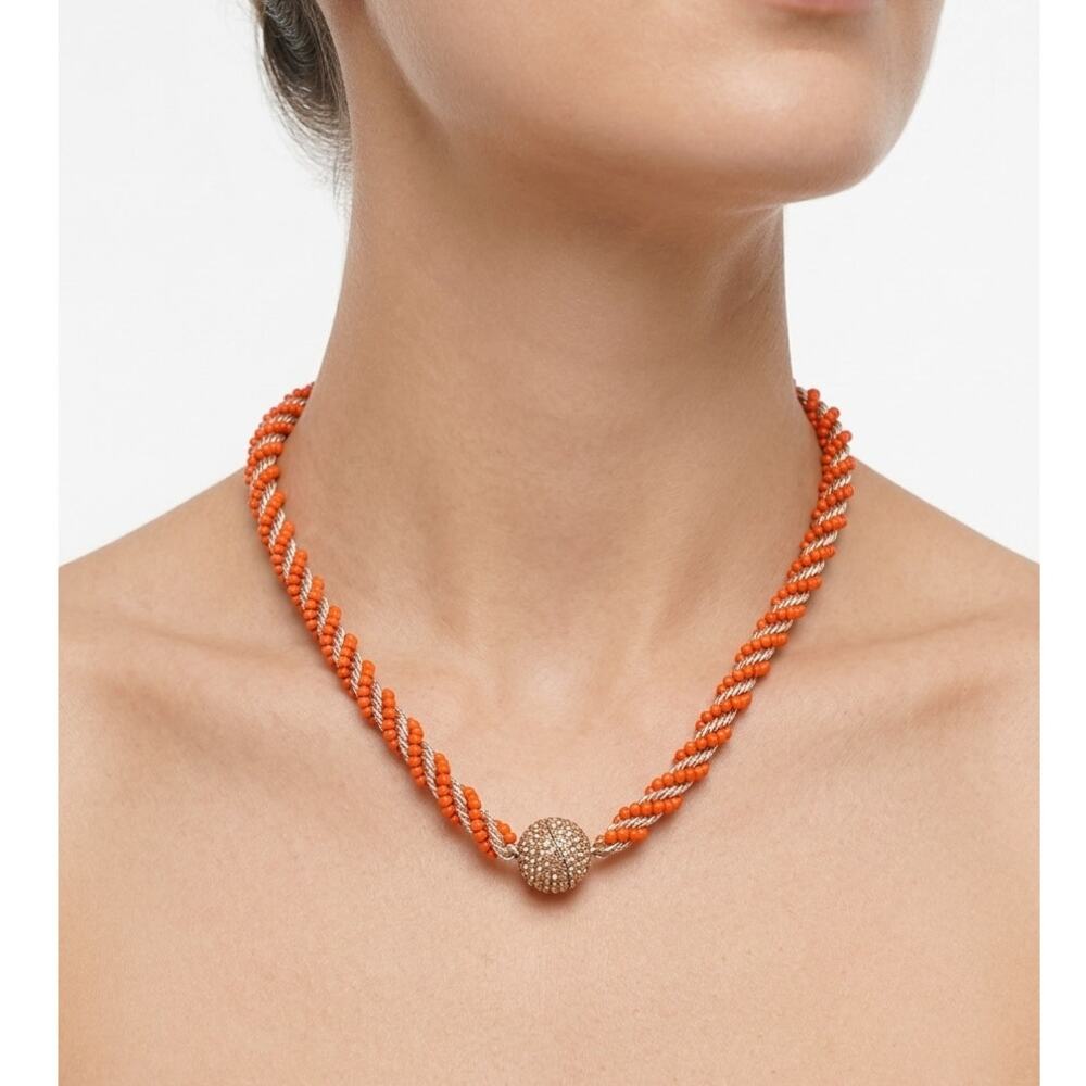 Banana Republic Orange Beaded Twisted Gold Tone Rope Necklace Crystal Ball Clasp